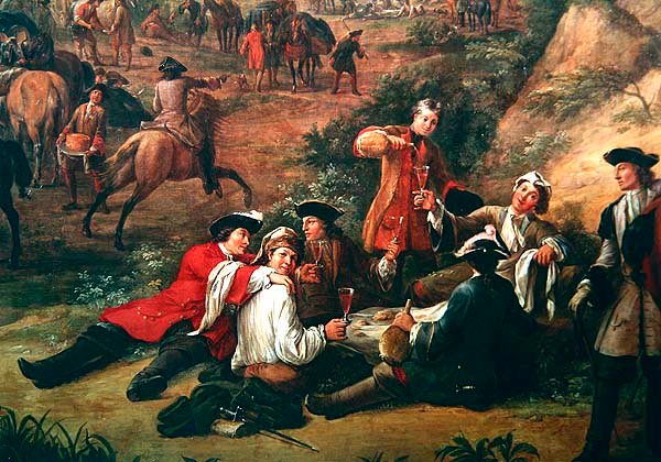 Katonák egy csoportja iszik, Conti hercegének főhadiszállásának képe San Sebastian és Hondarribia között, 1719. június (429011 részlet) alkotó: Jean Baptiste Martin