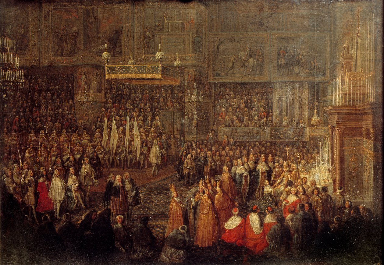 XV. Lajos (1710-1774) szentsége a reimsi székesegyházban 1722.10.25-én Jean Baptiste Martin (1659-1735) festménye 1735 V. 0,32x0,42 m alkotó: Jean Baptiste Martin
