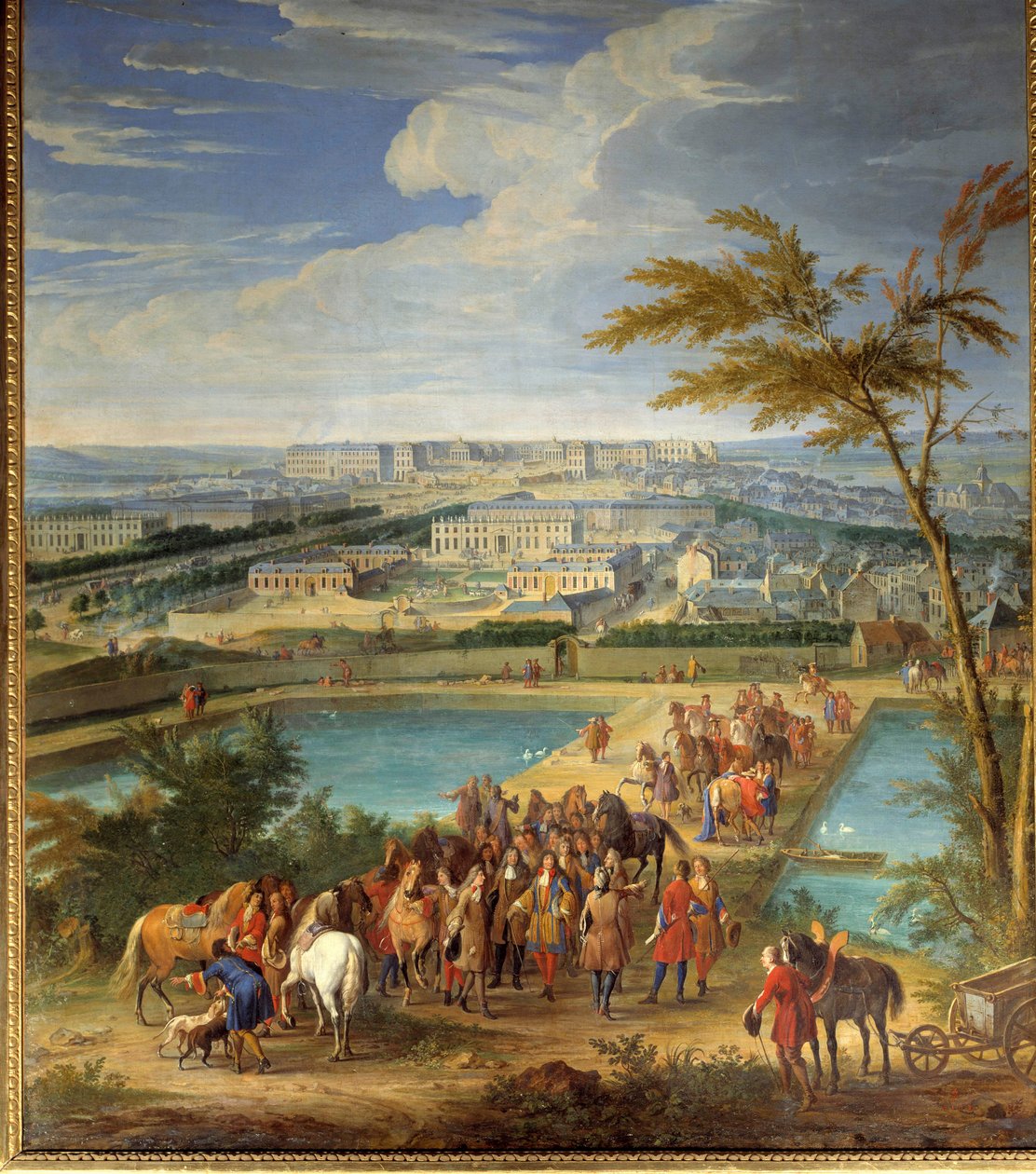 Kilátás a városra és a versailles-i várra a montbauroni dombról, XIV. Lajos (1638-1715) és Francois Michel le Tellier, de Louvois márki meglátogatja az új víztározókat Jean-Baptiste Martin (az idősebb) festménye (1659-1735) ) 17. századi V. 2, alkotó: Jean Baptiste Martin