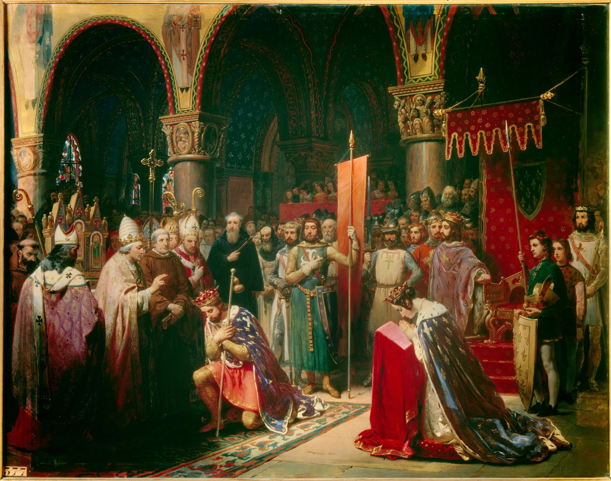 VII. Lajos király (1120-1180) átveszi a Szent Dénes-bazilika (Szent Denis) oriflame-jét Aquitánia Alienor királynéja jelenlétében, és átveszi III. távozása előtt alkotó: Jean Baptiste Mauzaisse