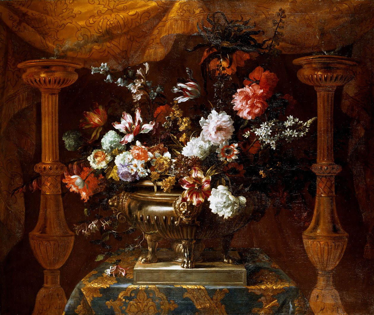 Csendélet virágokkal ezüst vázában, parfümégetőkkel, 1690-99 körül (olaj, vászon) alkotó: Jean Baptiste Monnoyer