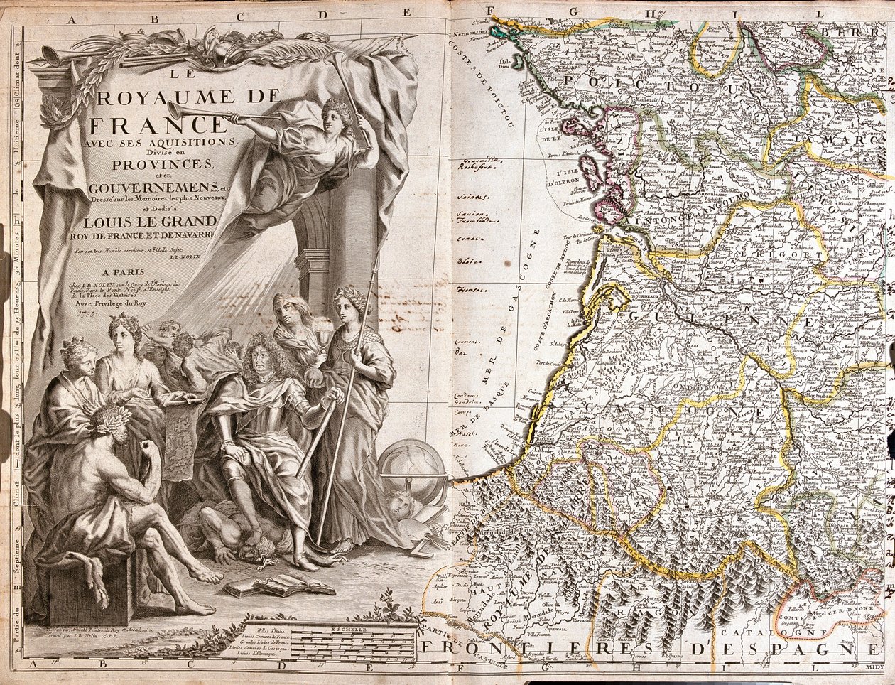 Guyenne és Gascony térképe XIV. Lajos (1638-1715) portréjával, allegorikus karakterekkel körülvéve alkotó: Jean Baptiste Nolin