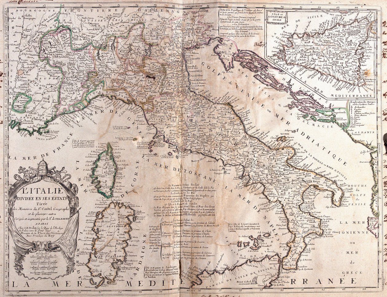 Olaszország térképe Korzikával, Szardíniával és Szicíliával (metszet alkotó: Jean Baptiste Nolin