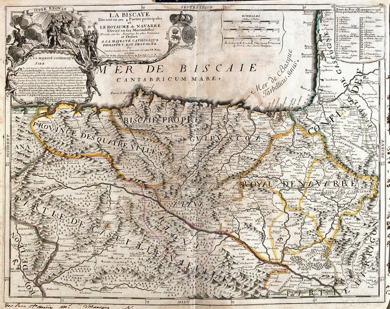 Vizcayai tartomány (Spanyolország) és Navarra királyság (Franciaország) térképe (metszet alkotó: Jean Baptiste Nolin