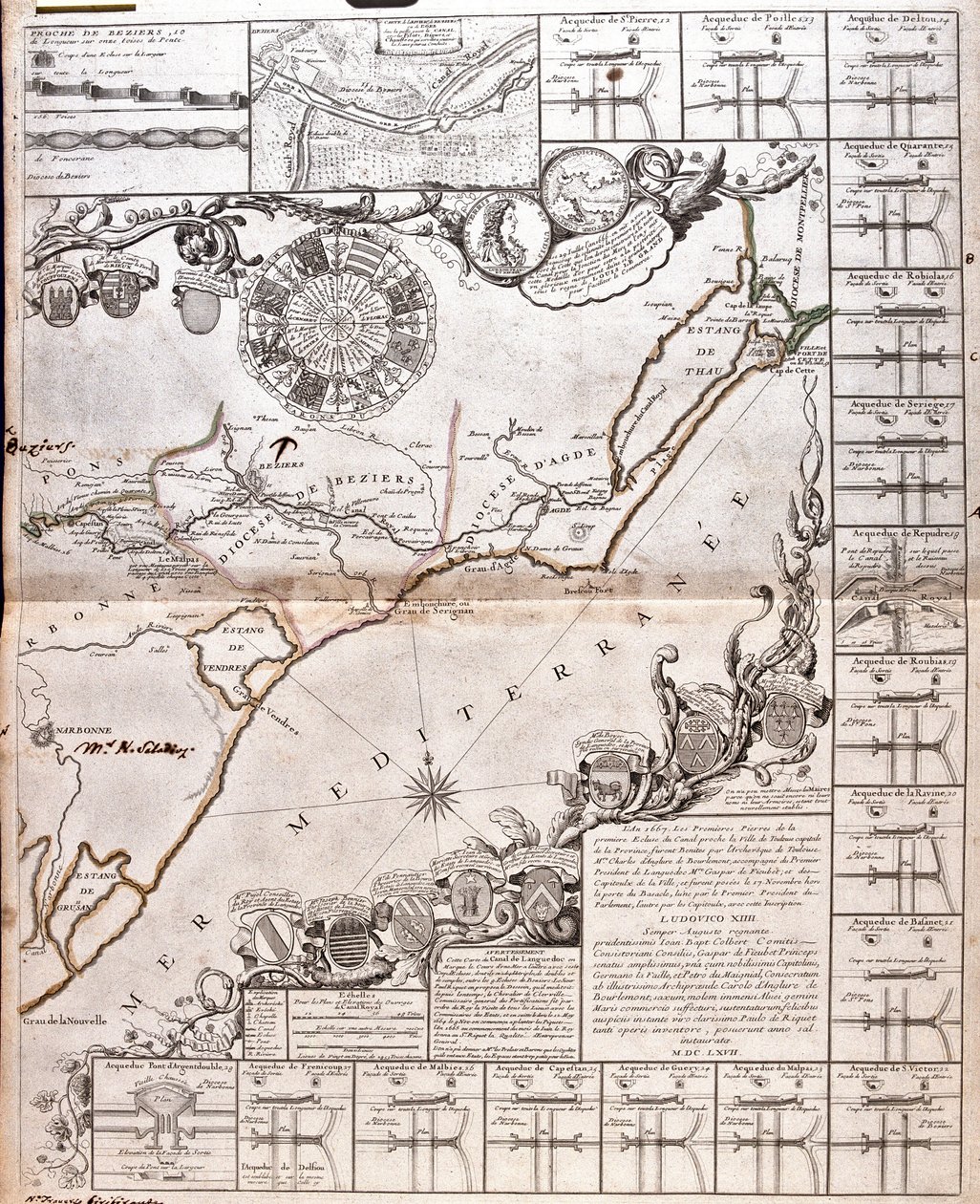 A Canal du Midi térképe vízvezetékeivel (metszet alkotó: Jean Baptiste Nolin