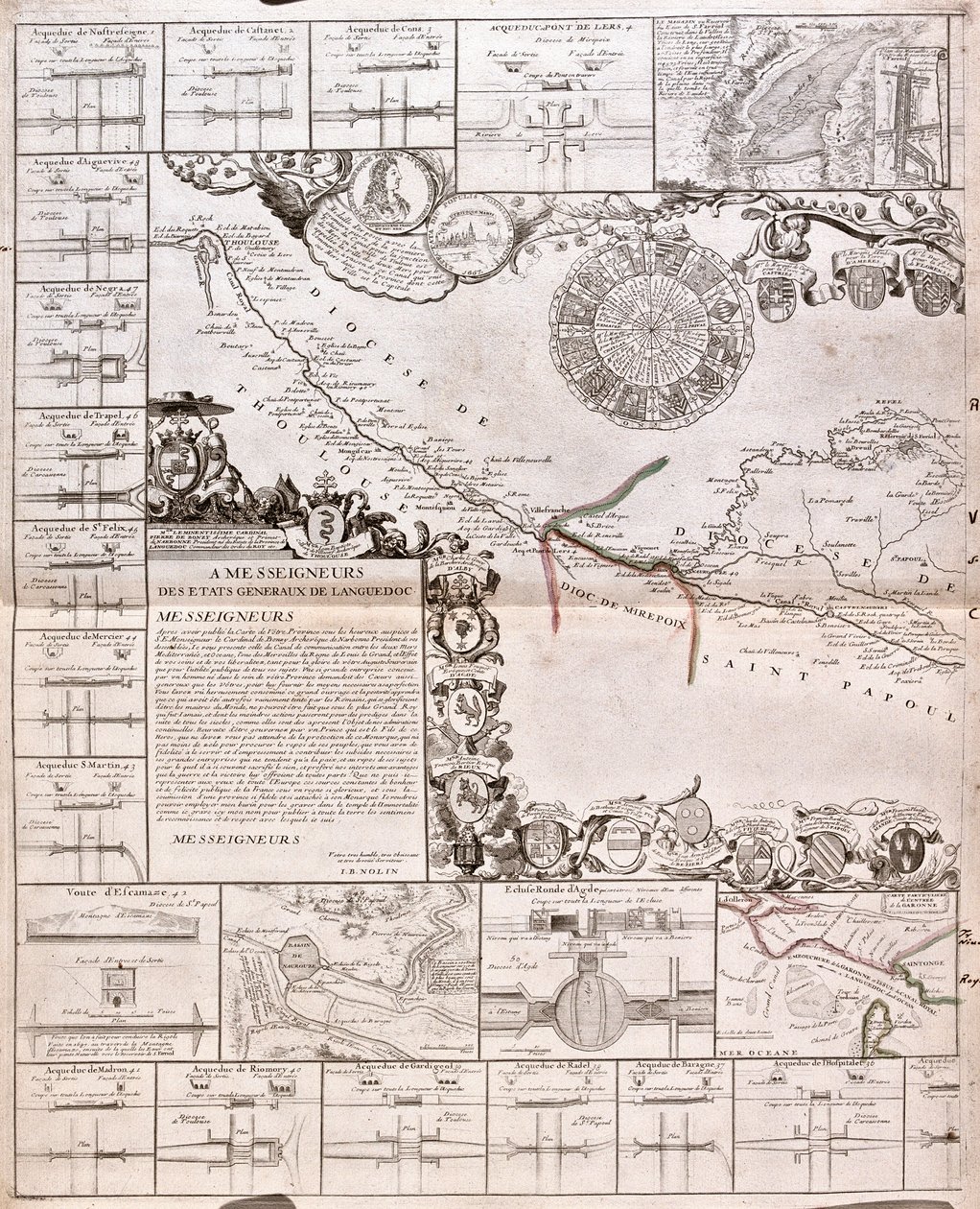 A Canal du Midi térképe vízvezetékeivel (metszet alkotó: Jean Baptiste Nolin
