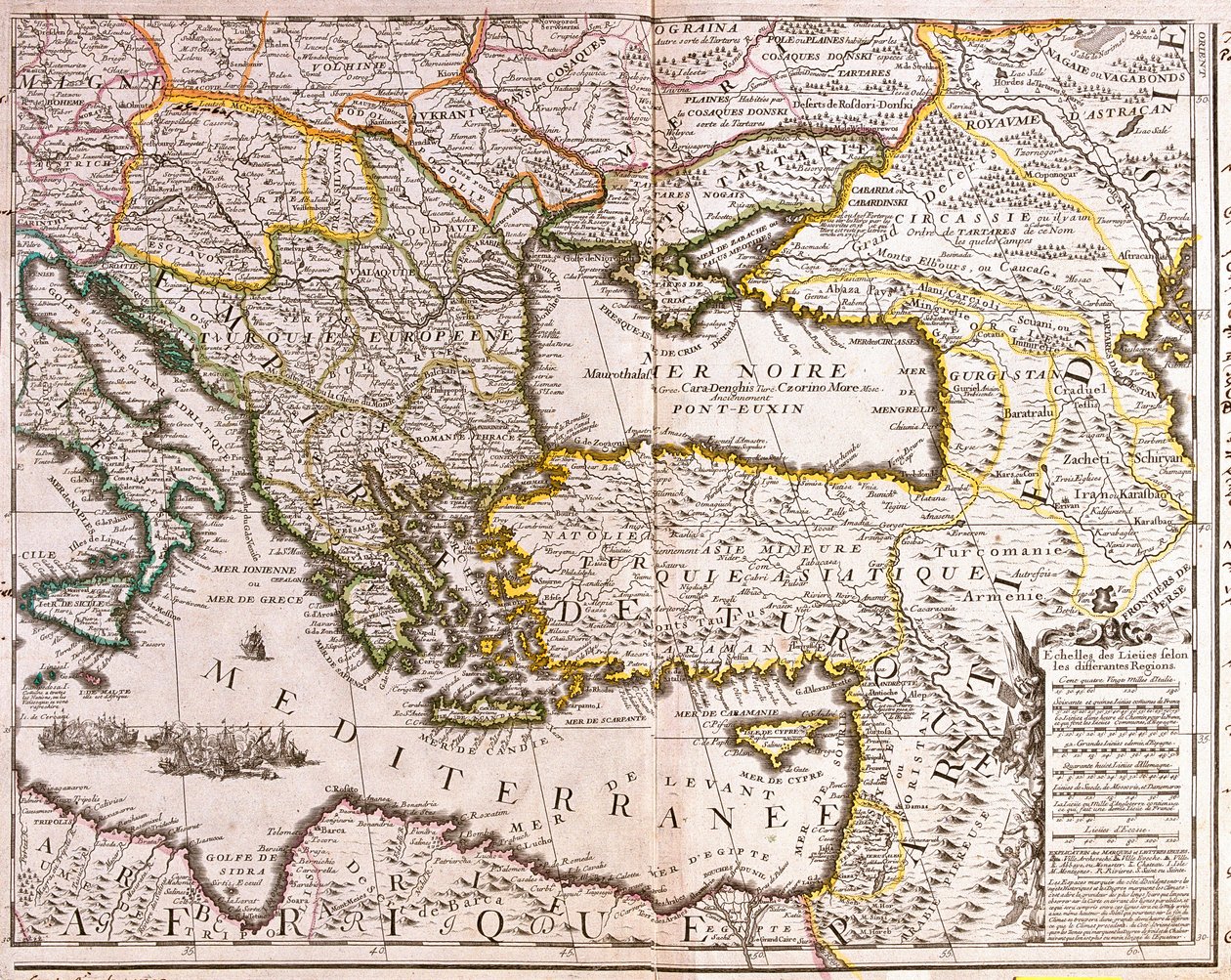 A Földközi-tenger keleti részének és a Fekete-tenger országainak, Törökországnak és Kis-Ázsia tartományainak térképe (rézkarc alkotó: Jean Baptiste Nolin