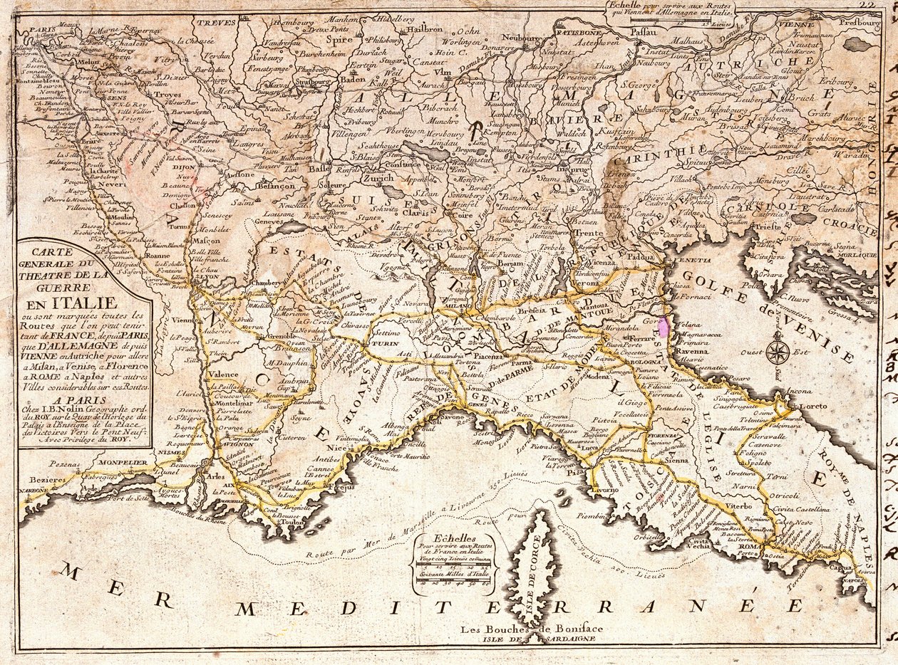Európa főbb olasz városaiba vezető utak térképe (metszet alkotó: Jean Baptiste Nolin