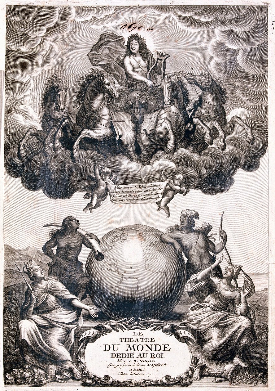 XIV. Lajos portréja, földgömb felett repül, címlap (metszet alkotó: Jean Baptiste Nolin