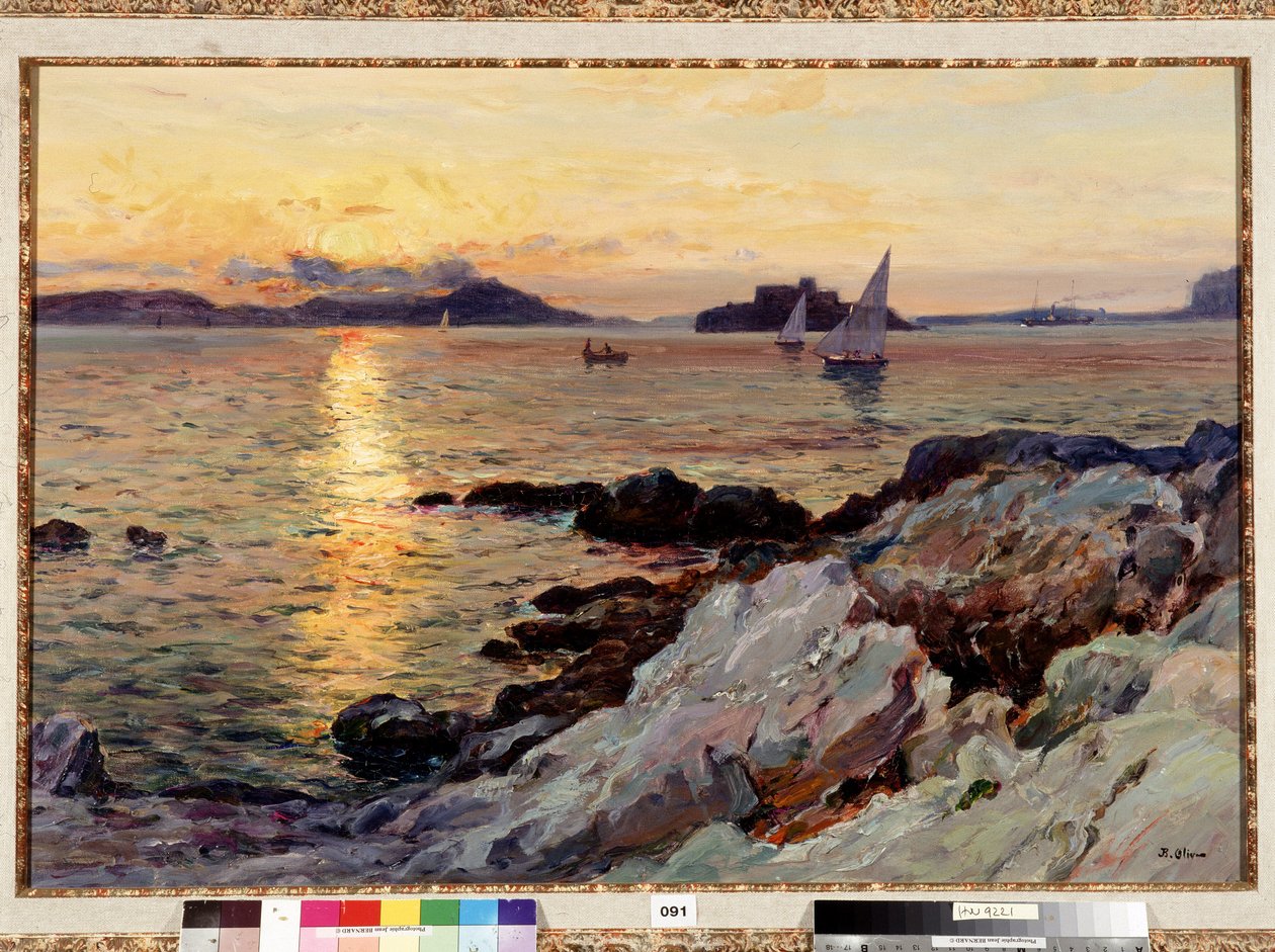 Naplemente Frioul festményén, Jean Baptiste Olive (1848-1936) 20. századi Dim. 50x73 cm Kötelező megemlítés: Gyűjtemény alapítványi üdvözlete Provence, Marseille alkotó: Jean Baptiste Olive