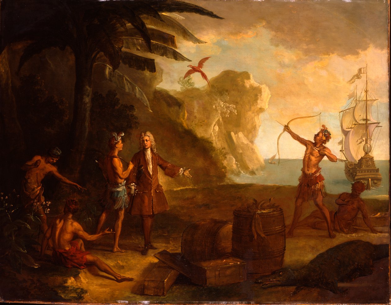 Amerika – Egy európai kereskedő, aki egy hordó dohányért és egyéb árukért tárgyal az indiánokkal, 1724 alkotó: Jean Baptiste Oudry