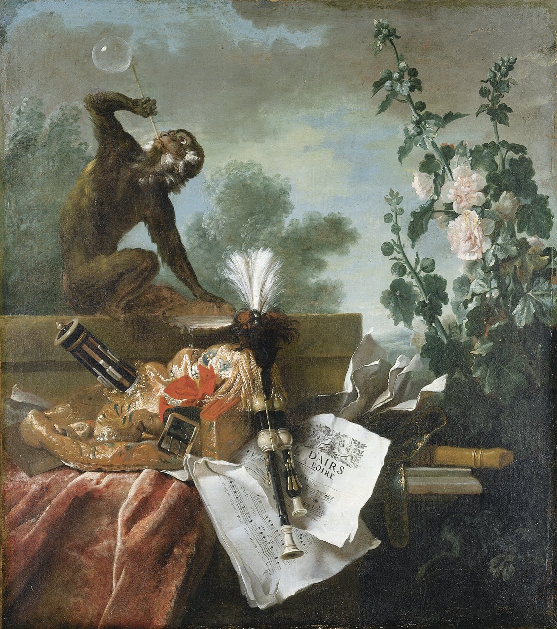 A levegő allegóriája: zenei csendélet buborékokat fújó majommal, musettával, fuvolával és kottákkal alkotó: Jean Baptiste Oudry