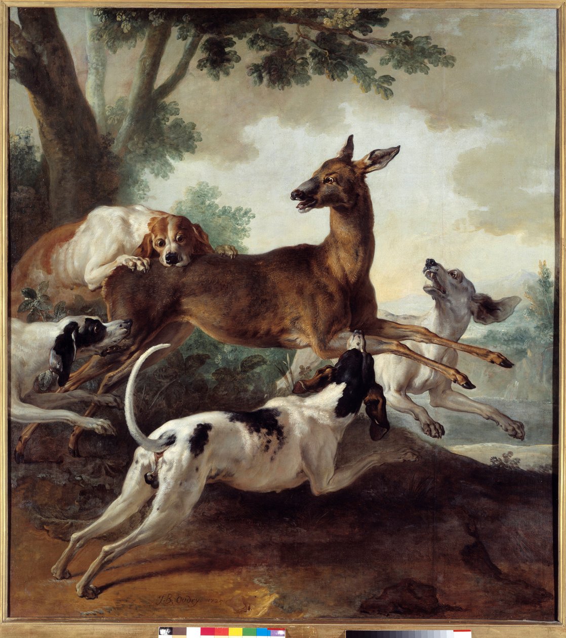 Kutyák üldözték a szarvast. Vadászjelenet. Jean Baptiste Oudry (1686-1755) festménye alkotó: Jean Baptiste Oudry