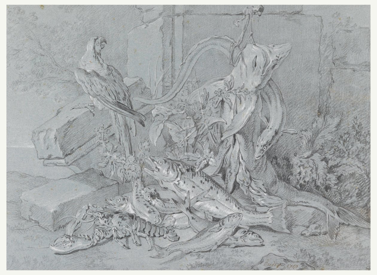 Rajz, Csendélet hallal és papagájjal, 1740 alkotó: Jean Baptiste Oudry
