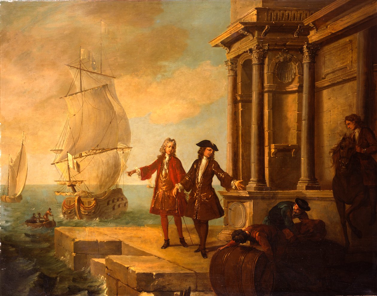 Európa – Európai kereskedők rakodómunkásokkal, akik hordót és bálát kezelnek a rakparton, 1724 alkotó: Jean Baptiste Oudry