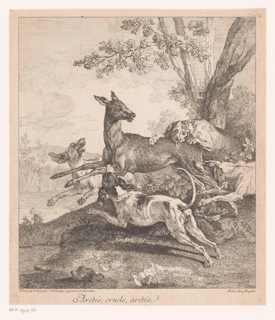 Vadászkutyák megtámadták a szarvast Arrêtés, cruels, arrêtez (...) (cím a tárgyon) Vadászjelenetek (sorozat címe) alkotó: Jean Baptiste Oudry