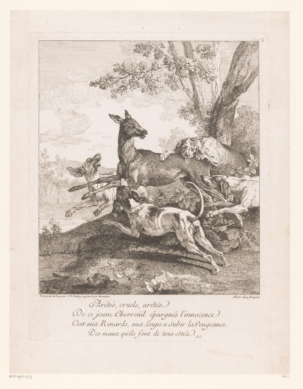 Vadászkutyák által lesben álló szarvasok Arrêtés, cruels, arétéz (...) (cím a tárgyon) Vadászjelenetek (sorozat címe) alkotó: Jean Baptiste Oudry