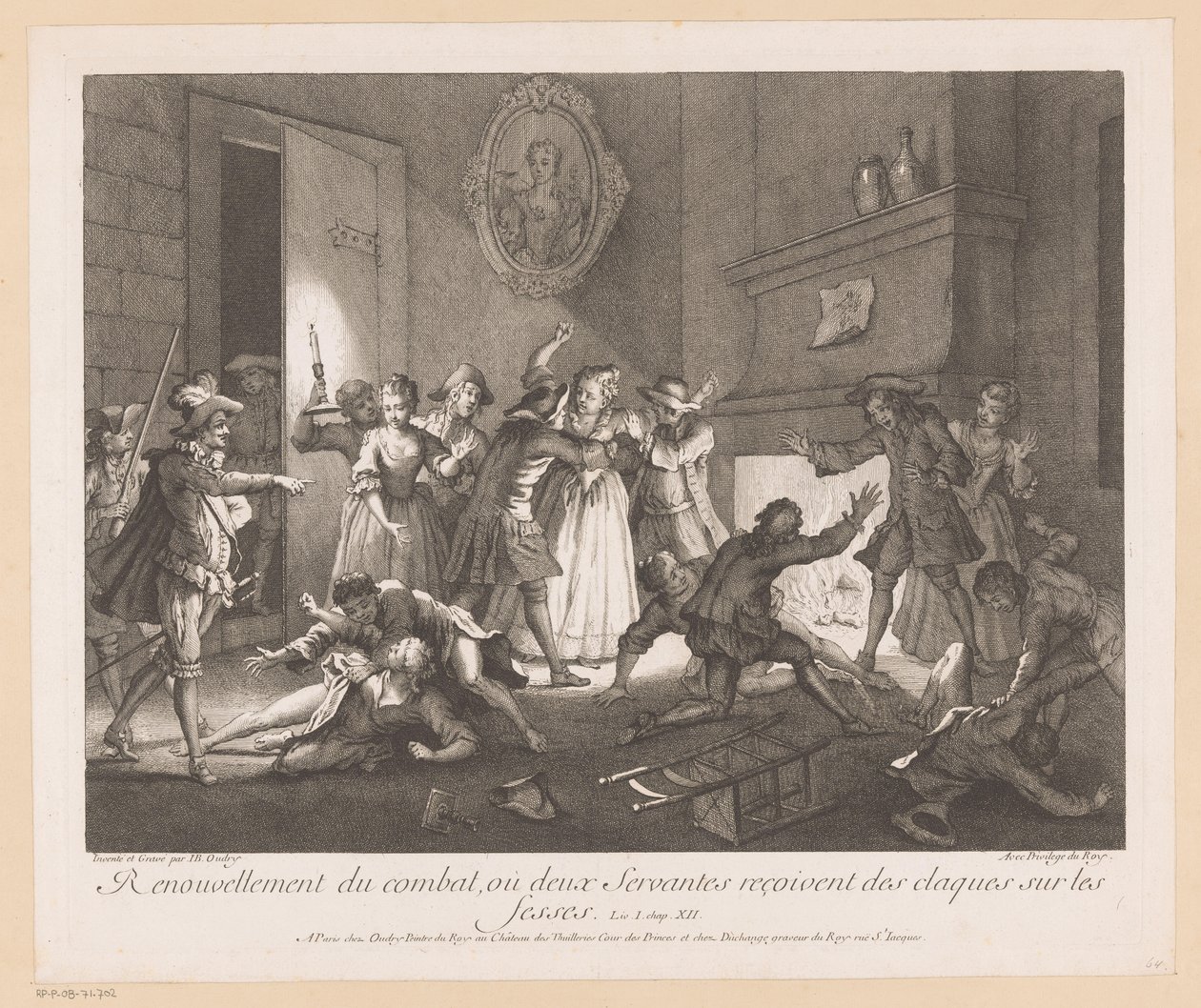 Belső met groep vechtende mensen A küzdelem megújítása, ahol két szolga pofont kap a fenekére (cím a tárgyon) Jelenetek Roman Comique van Scarrontól (sorozat címe) alkotó: Jean Baptiste Oudry