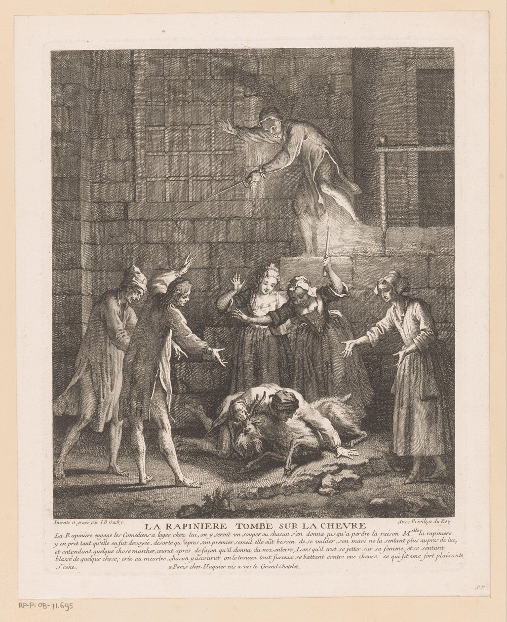 Man valt bovenop een geit La Rapinière ráesik a kecskére (cím a tárgyon) Jelenetek Roman Comique van Scarrontól (sorozat címe) alkotó: Jean Baptiste Oudry