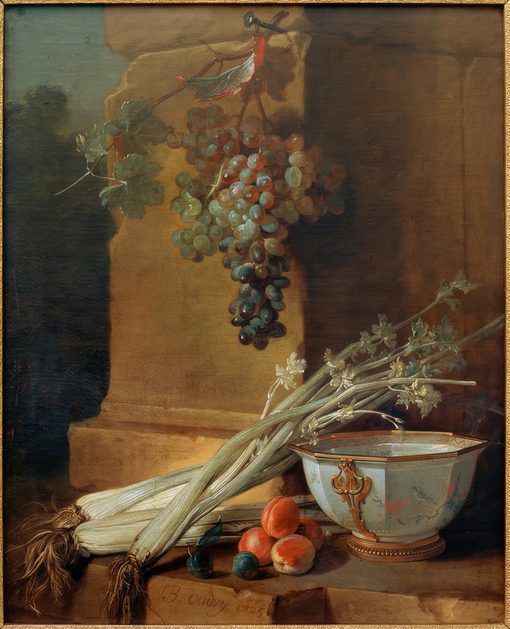 Csendélet gyümölcsökkel, zellerrel és egy csésze porral alkotó: Jean Baptiste Oudry