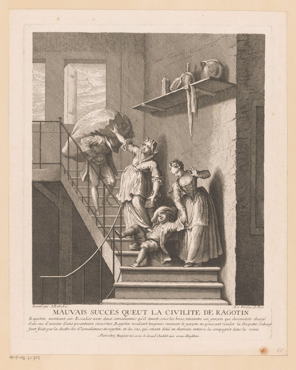 Ragotin twee hölgyekkel találkozott a csapdában Ragotin udvariasságának rossz sikere (cím a tárgyon) Jelenetek Roman Comique van Scarrontól (sorozat címe) alkotó: Jean Baptiste Oudry
