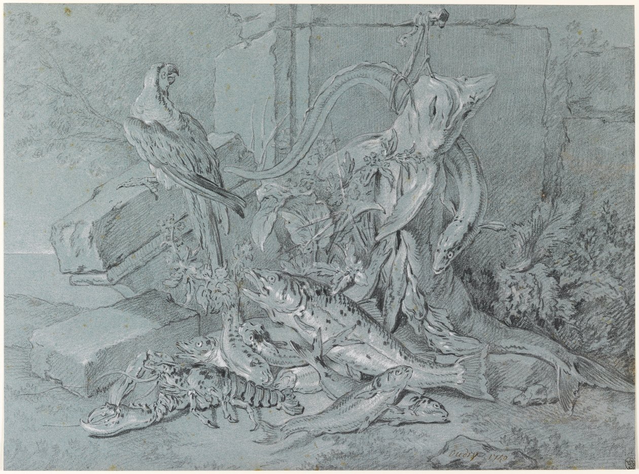 Csendélet halakkal és papagájjal alkotó: Jean Baptiste Oudry