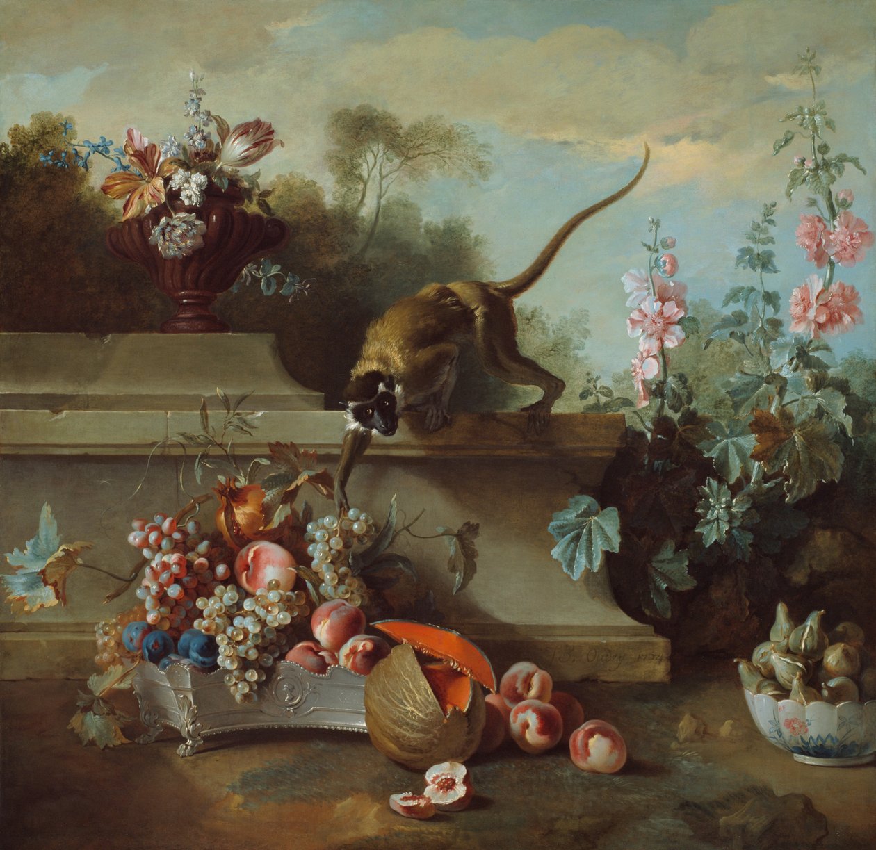 Csendélet majommal, gyümölcsökkel és virágokkal alkotó: Jean Baptiste Oudry