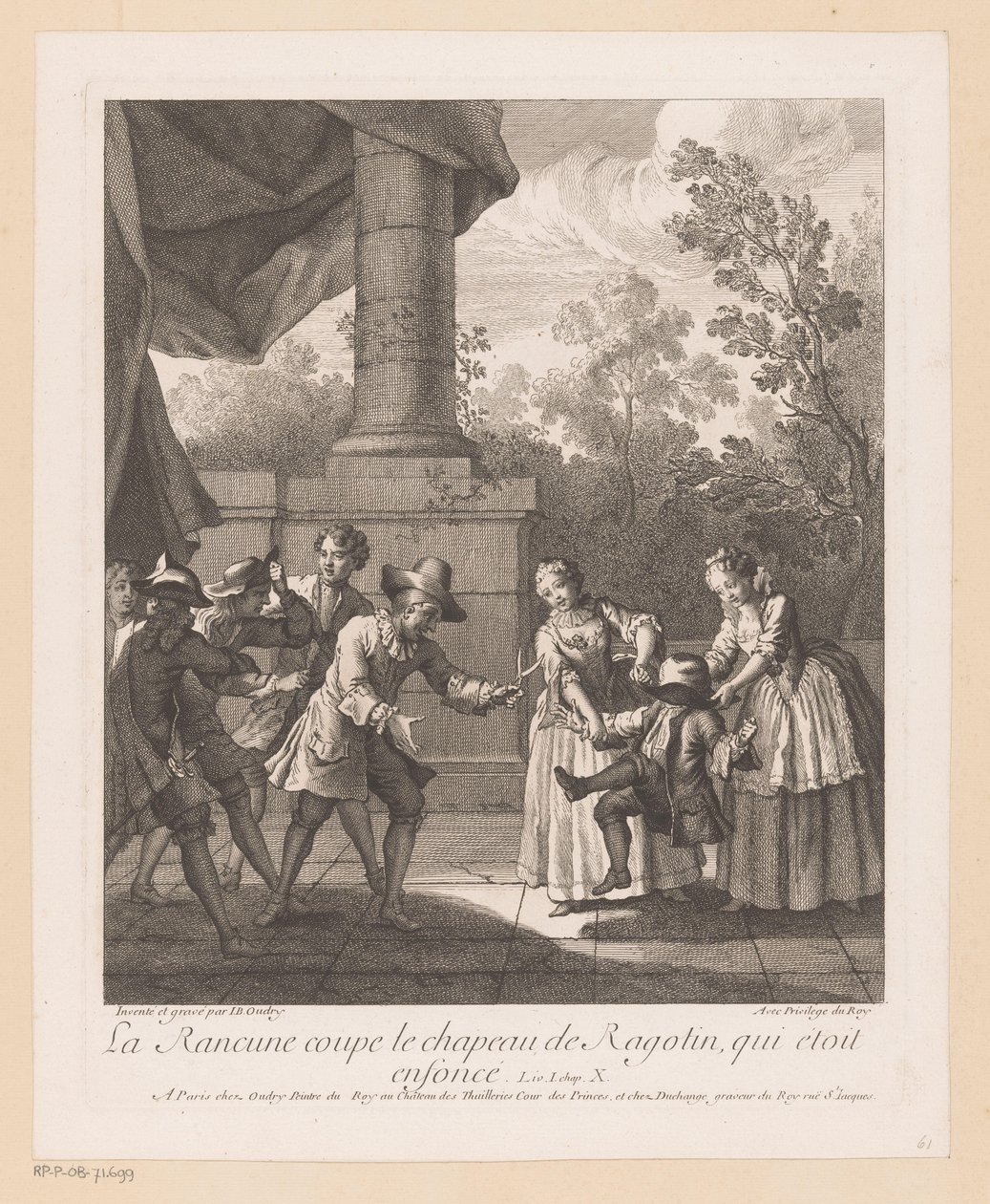 A Wrok-ot hoed van Ragotin készítette La Rancune levágja Ragotin kalapját (cím a tárgyon) Jelenetek Roman Comique van Scarrontól (sorozat címe) alkotó: Jean Baptiste Oudry