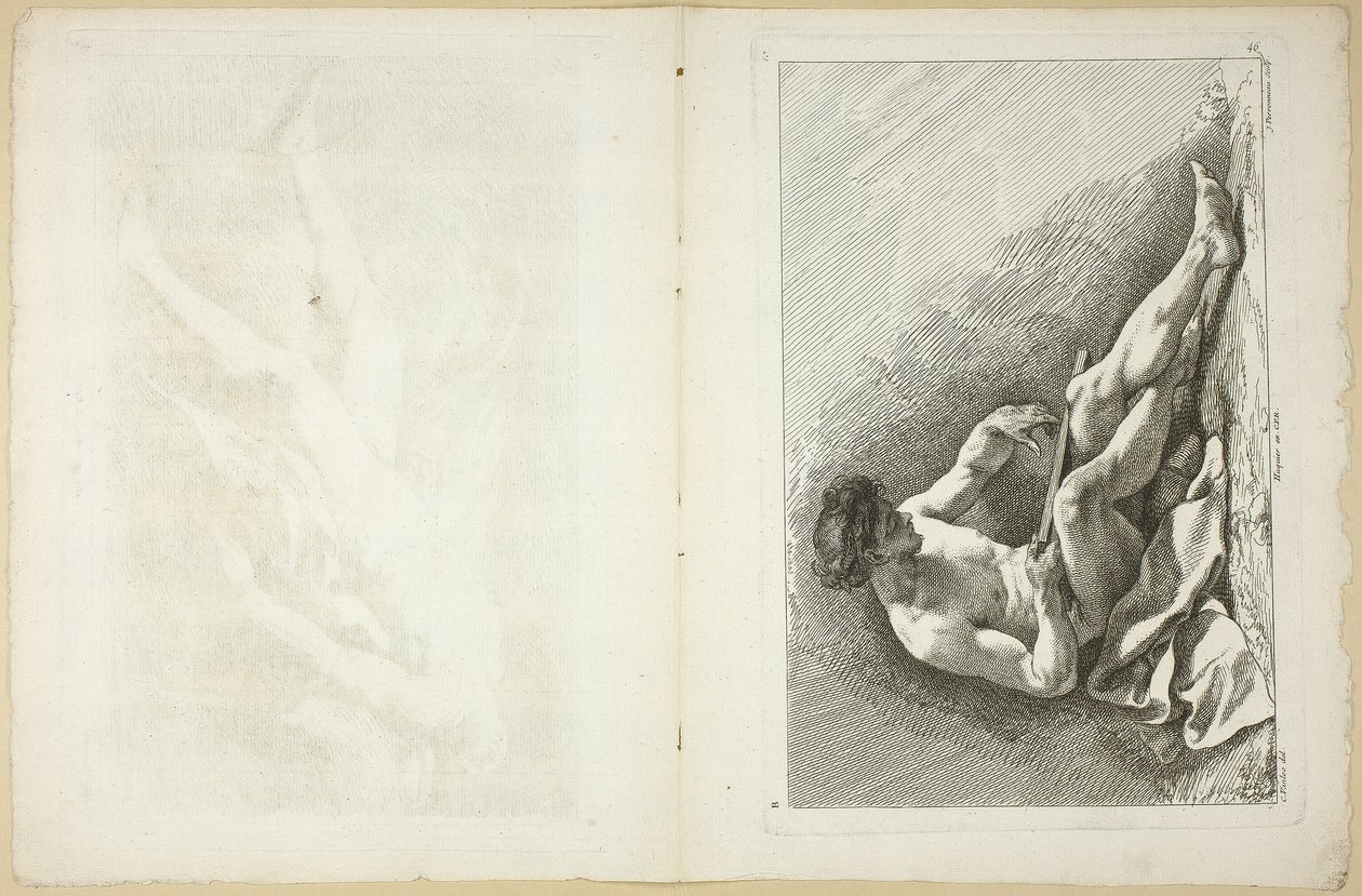 Ábra (recto és verso), az Akadémiák figuráinak második könyvéből, amelyet részben a Királyi Akadémia professzorai véstek alkotó: Jean Baptiste Perronneau