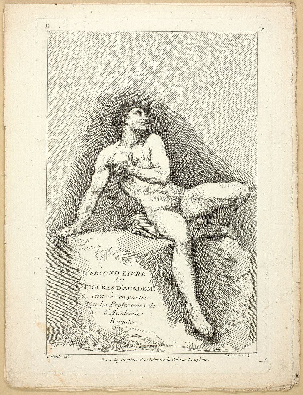 Ábra (recto és verso), az Akadémiák figuráinak második könyvéből, amelyet részben a Királyi Akadémia professzorai véstek alkotó: Jean Baptiste Perronneau