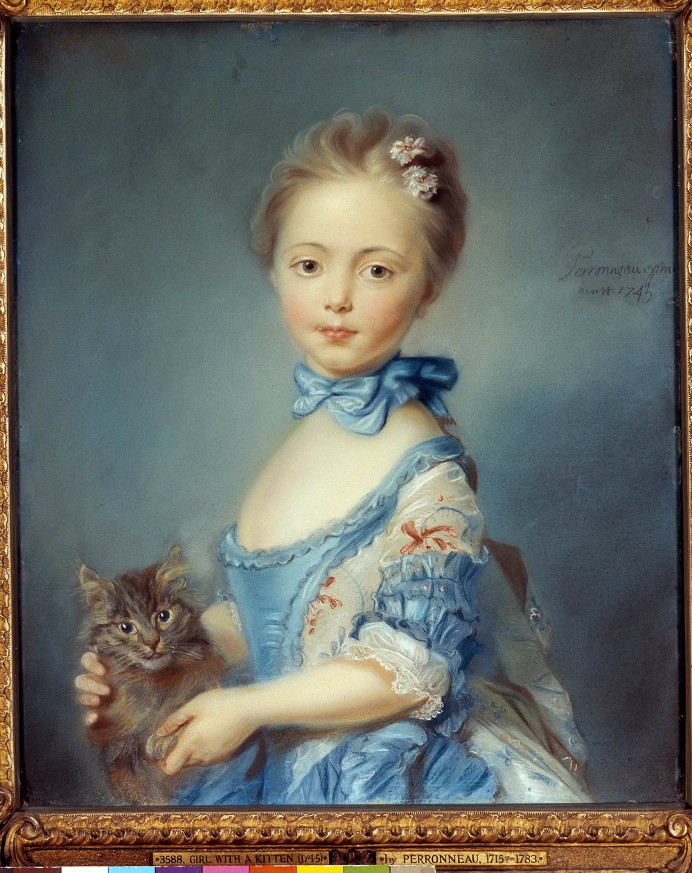 Fiatal lány macskás portréja Jean-Baptiste Perroneau (Jean Baptiste Perronneau) pasztell festménye (1715-1783) alkotó: Jean Baptiste Perronneau