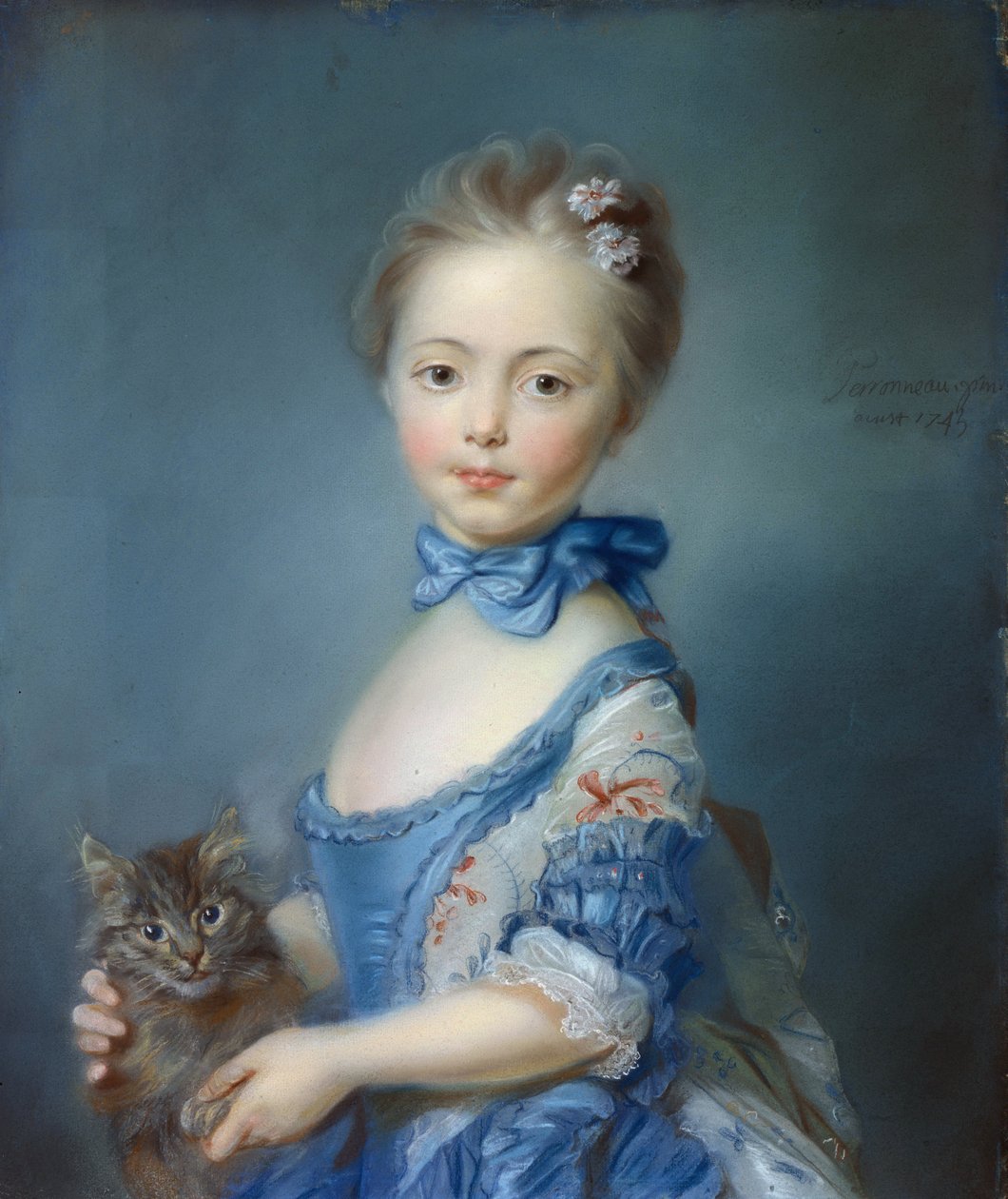 Fiatal lány macskás portréja” Jean-Baptiste Perroneau (Jean Baptiste Perronneau) pasztellfestménye (1715-1783) alkotó: Jean Baptiste Perronneau