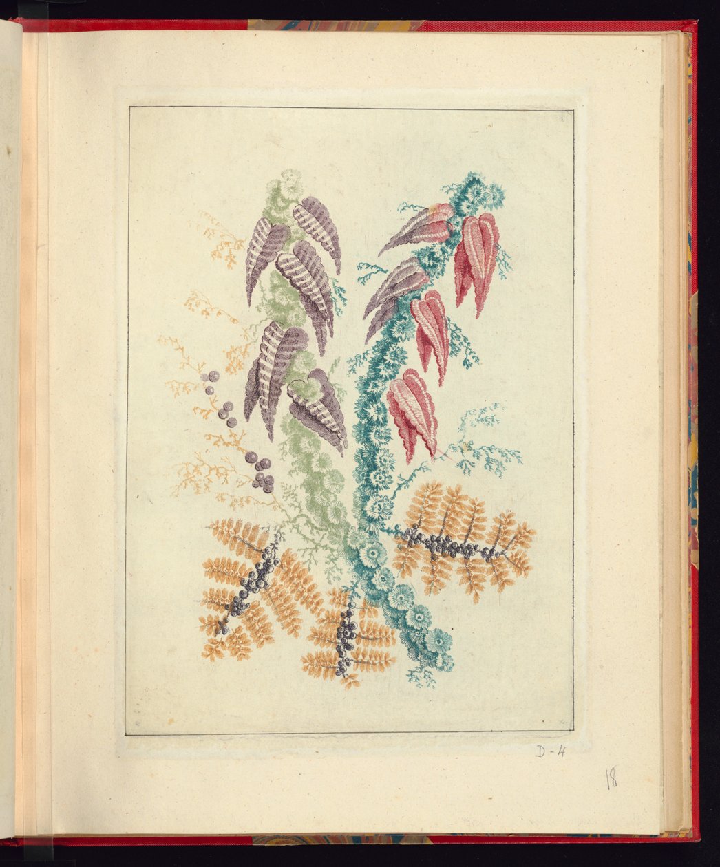 Díszítő design háromszögletű lila és piros levelekkel, az új természetes virágos jegyzetfüzetekből rajzolók és festők számára, 1. sz. alkotó: Jean Baptiste Pillement