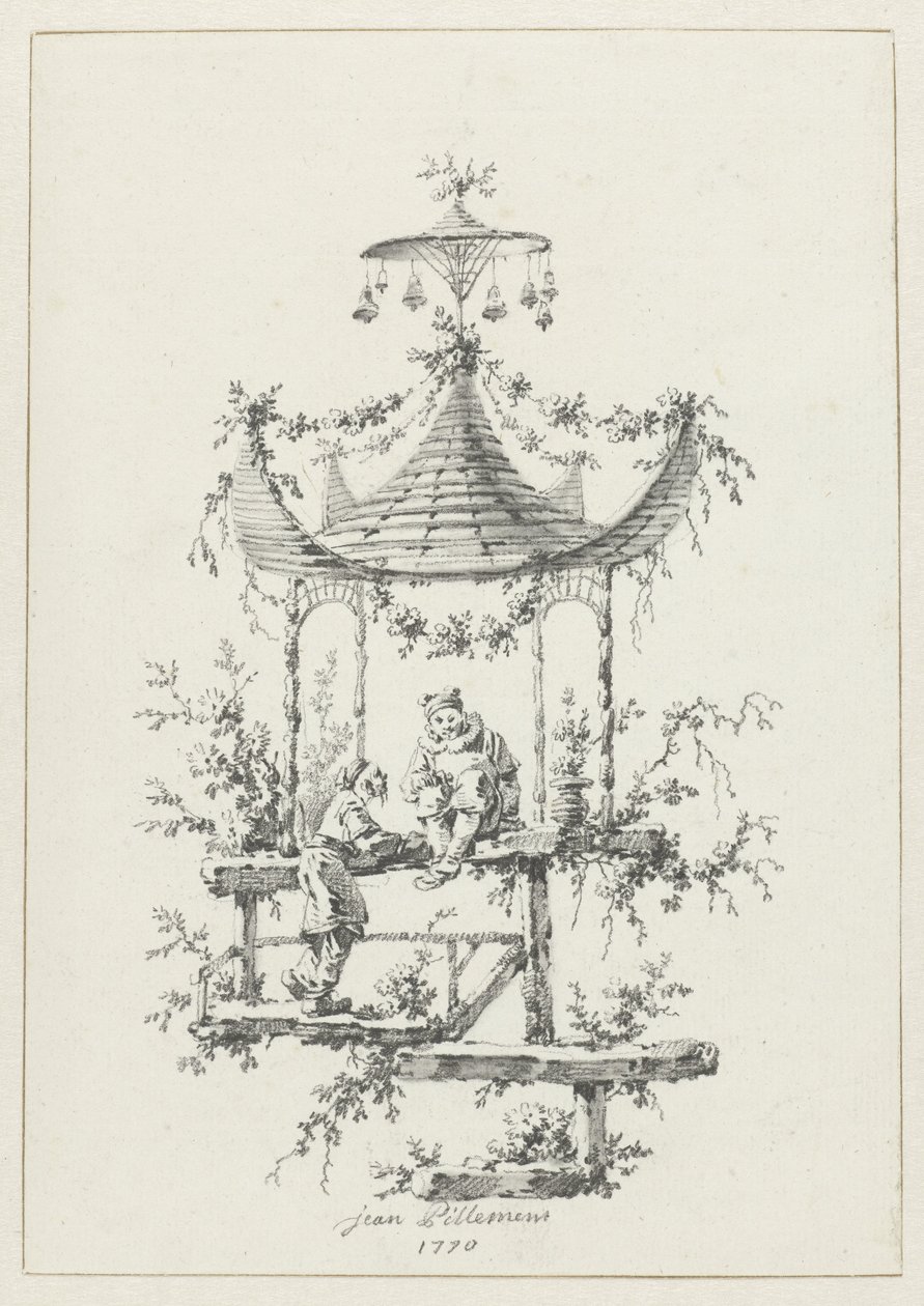 Díszkompozíció chinoiserie stílusban Dísztárgyak chinoiserie stílusban a Deuxième Cahier de six Baraques Chinoises számára (sorozat címe) alkotó: Jean Baptiste Pillement