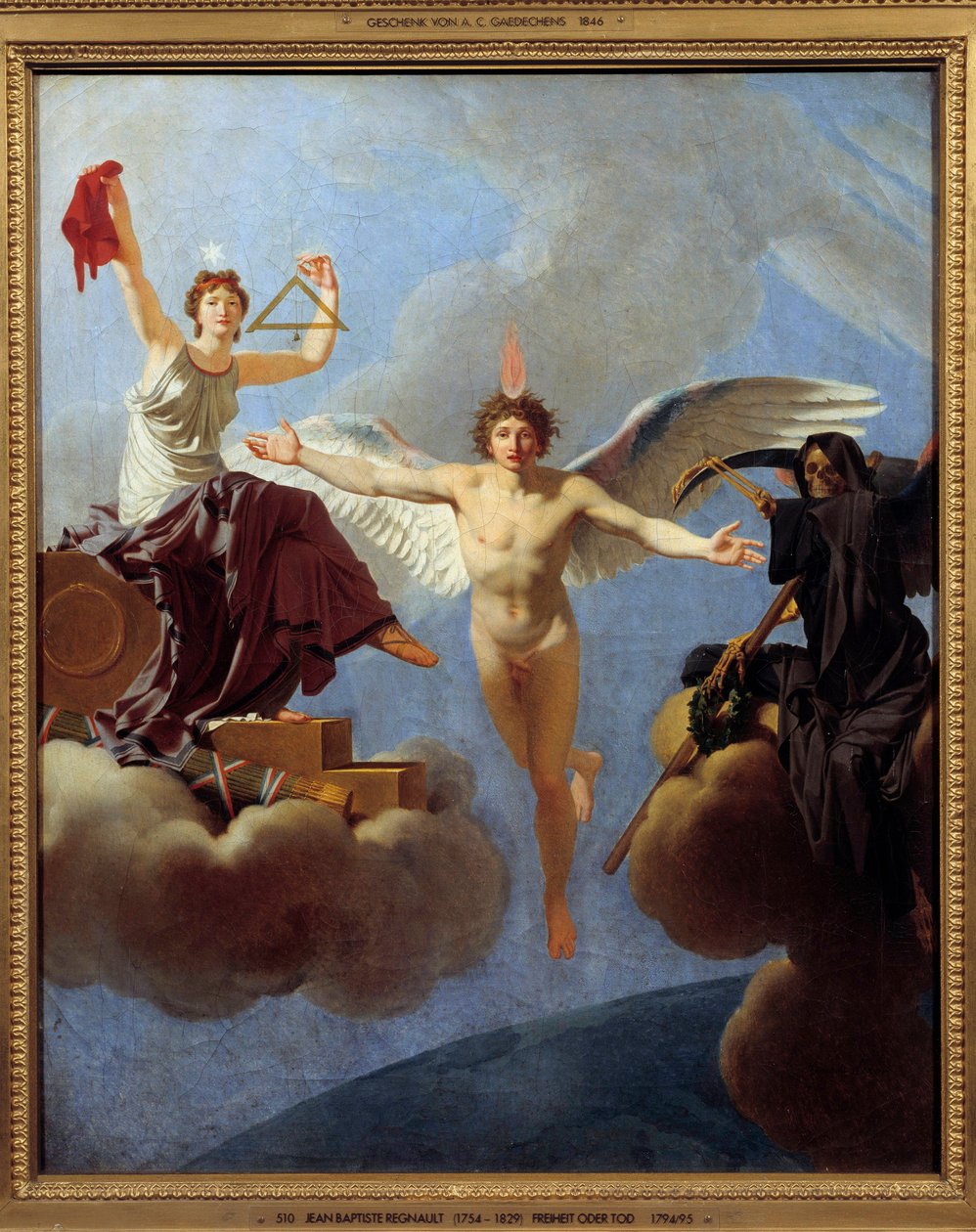 A bal oldalon a La Liberte ou la Mort Allegorie de la Liberte, amelyet a Diademe de la Reason, a Siecle des Lumieres öröksége fed. Bal kezével a négyzetet és az állampolgársági egyenlőséget szimbolizáló ólomhuzalt forgatja. A t értékeit testesíti meg alkotó: Jean Baptiste Regnault