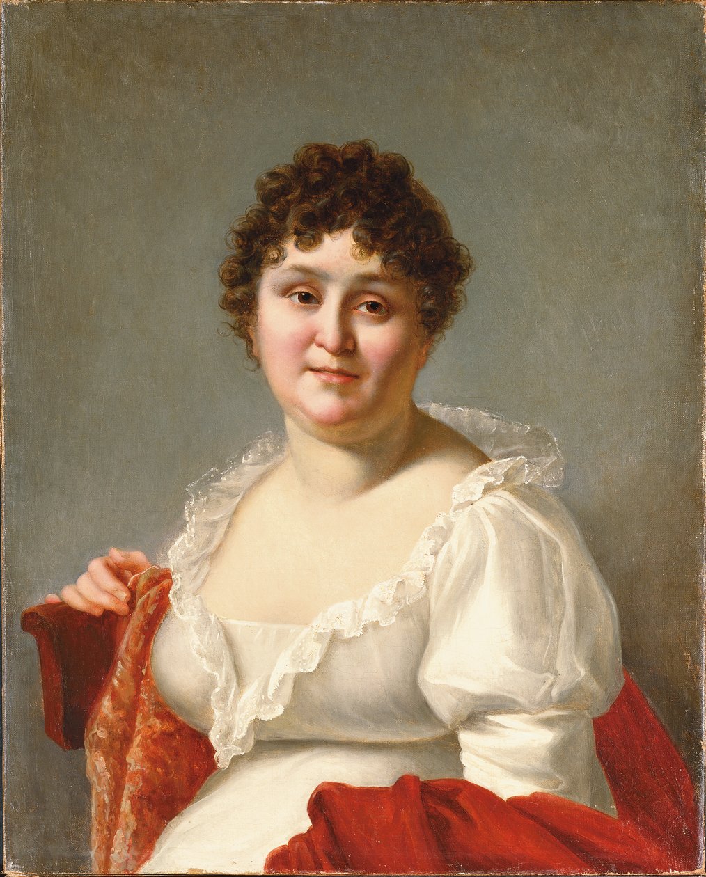 Madame Regnault portréja, mellig érő, fehér ruhában, datolyaszilva-kendőben (olaj, vászon) alkotó: Jean Baptiste Regnault