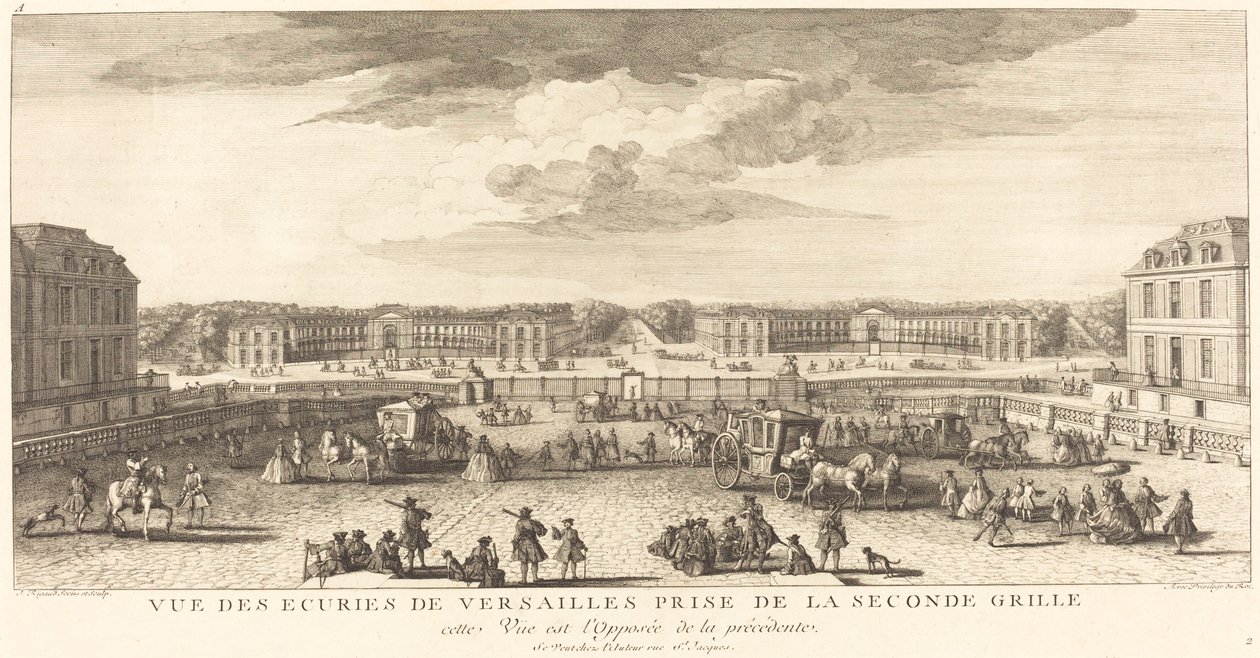 Kilátás a versailles-i istállóra a második kapuból alkotó: Jean Baptiste Rigaud