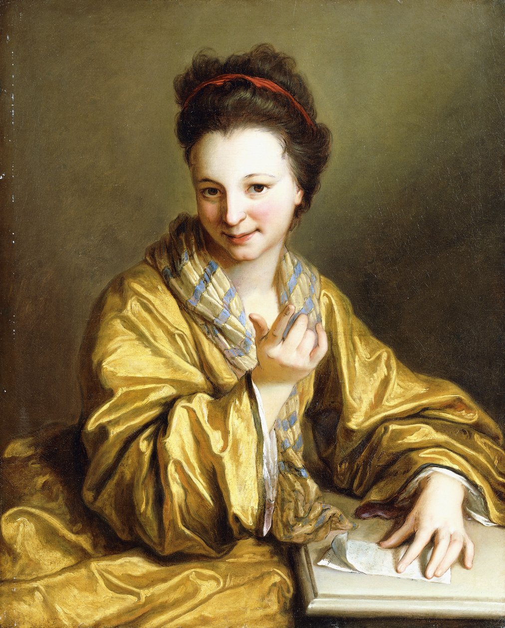 Egy fiatal hölgy, sárga köntösben, asztalnál ül, intés, 1703 alkotó: Jean Baptiste Santerre