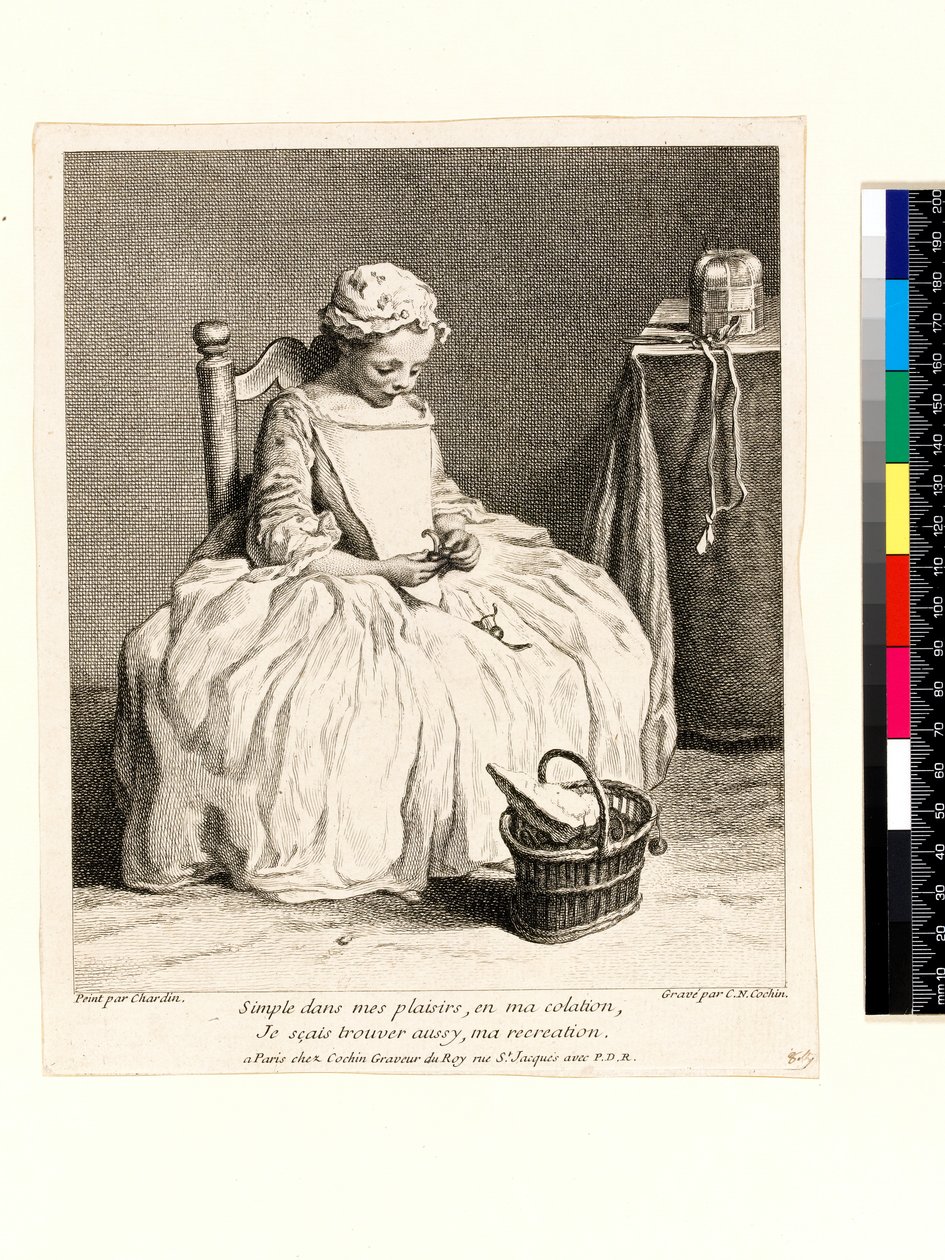Kislány az ebédjével (La Petite Fille aux Cerises) vésette Charles Nicolas Cochin I (1688-1754) 1738 (rézkarc és metszet) alkotó: Jean Baptiste Simeon (after) Chardin