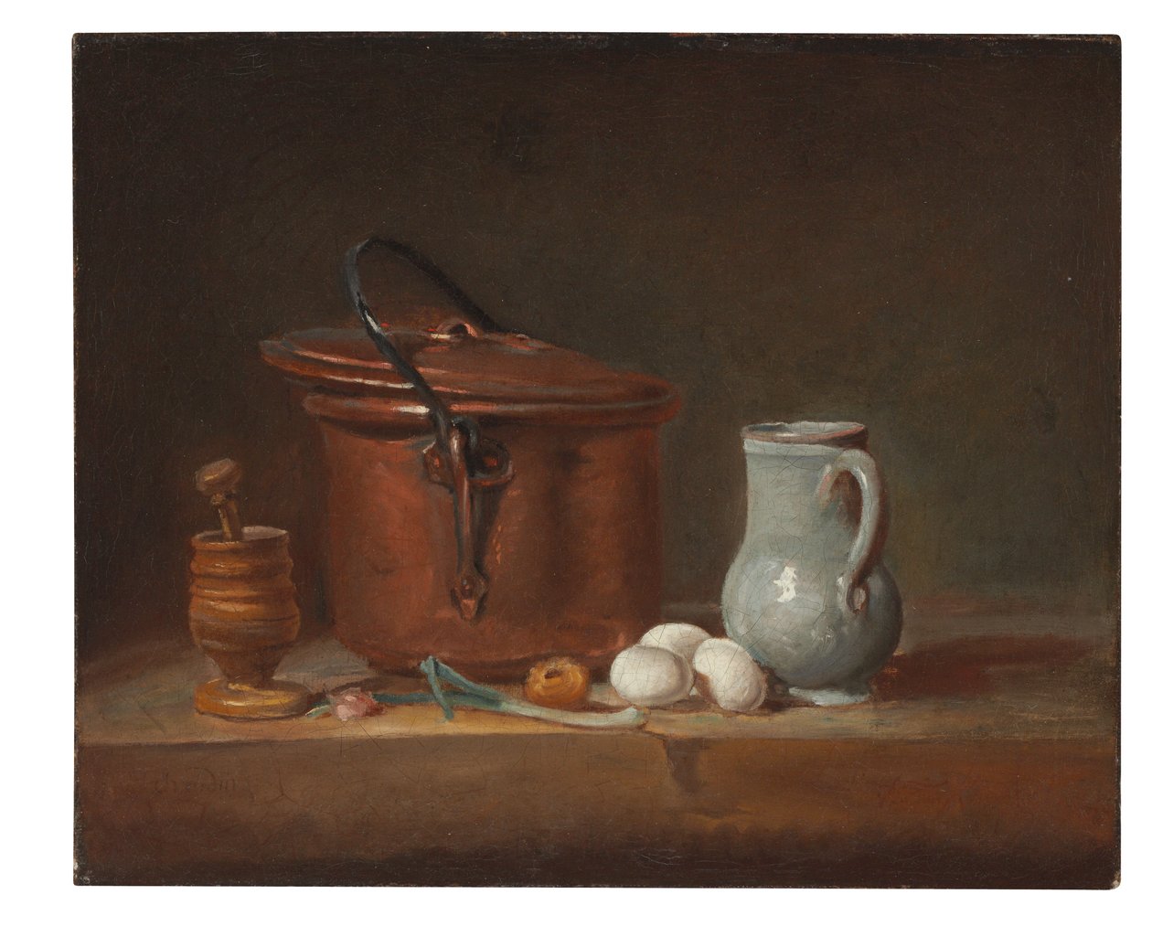 Egy réz serpenyő, egy mozsártörő, egy kancsó, egy mogyoróhagyma, egy tojás és egy hagyma a polcon alkotó: Jean Baptiste Simeon Chardin