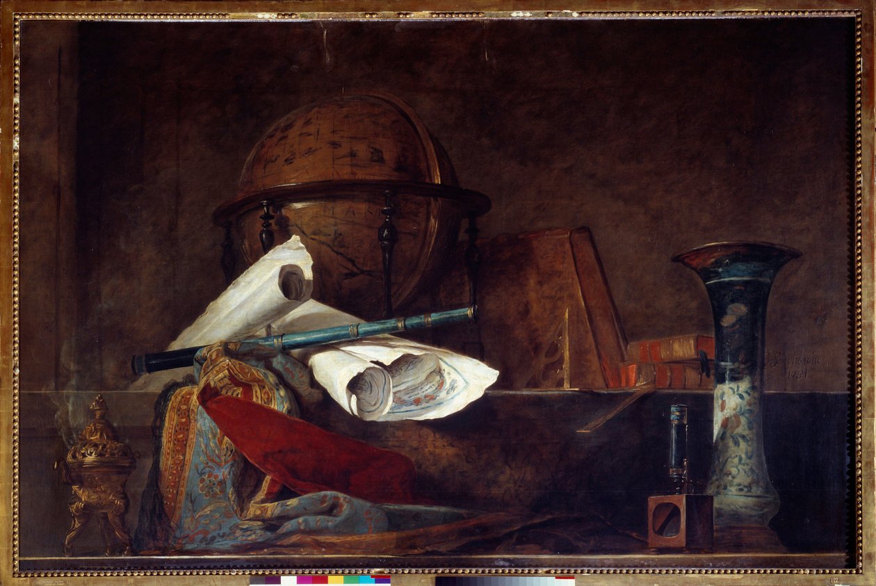 A tudomány allegóriája Csendélet, földgömb, földrajzi térképek, könyvek és váza. Jean Baptiste Simeon Chardin (1699-1779) festménye 18. századi Párizs, Musee Jacquemart Andre alkotó: Jean Baptiste Simeon Chardin