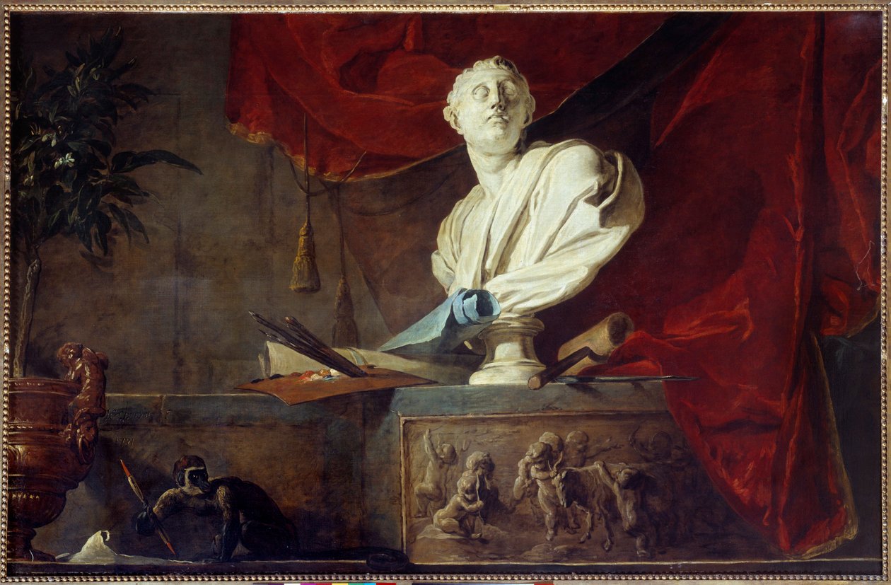 A művészetek allegóriája Csendélet faragott mellszobor, paletta és ecsetek, vászon, henger. Jean Baptiste Simeon Chardin (1699-1779) festménye 18. századi Párizs, Musee Jacquemart Andre alkotó: Jean Baptiste Simeon Chardin