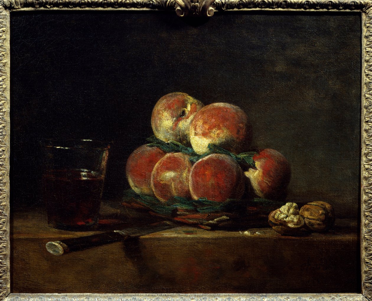 Peches kosár dióval, késsel és pohár borral Jean Baptiste Simeon Chardin (1699-1779) festménye 1768 Dim. 0,32x0,39 m Párizs, Musee du Louvre alkotó: Jean Baptiste Simeon Chardin