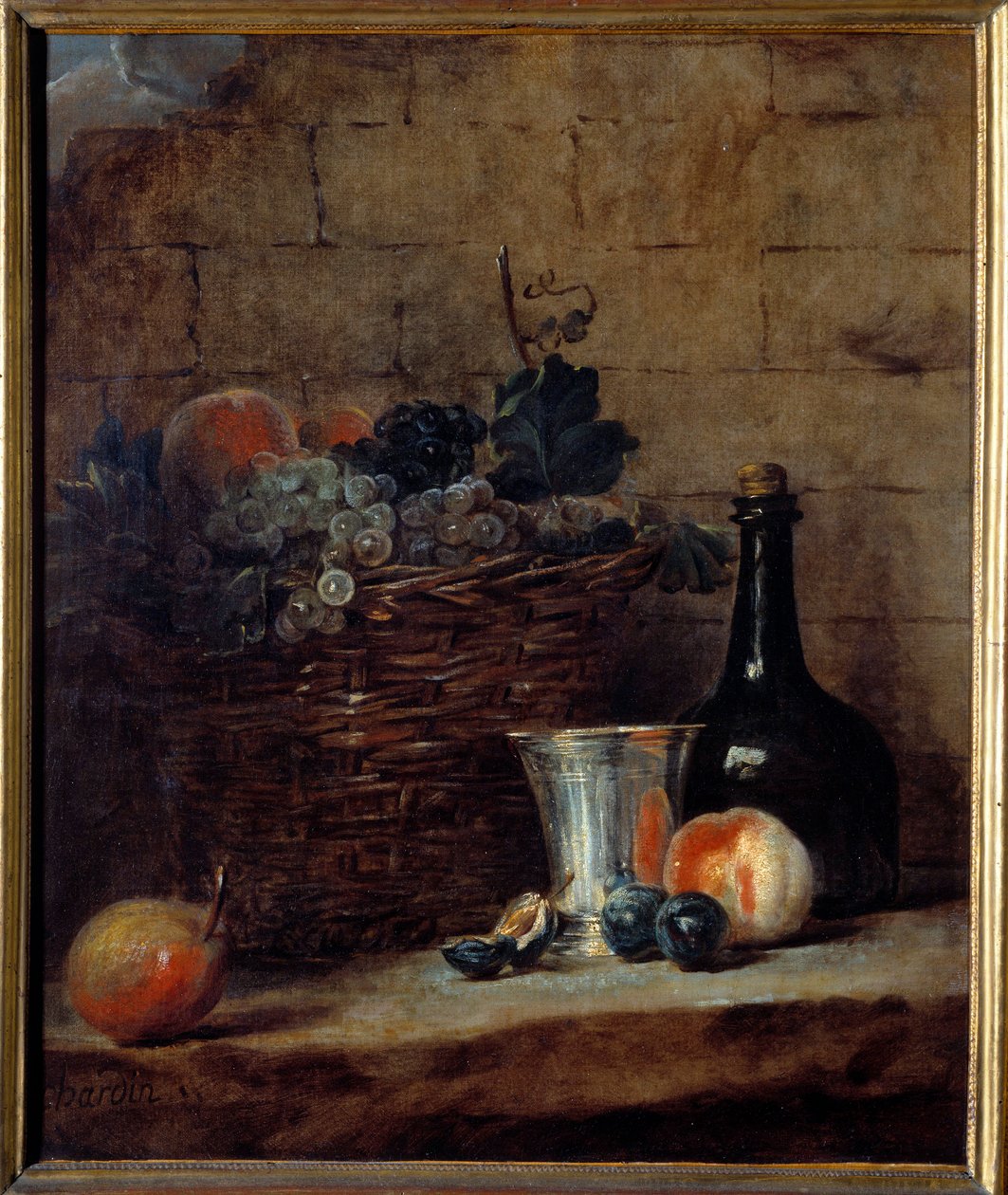 Fehér és fekete szőlőkosár, ezüst pohár és palack Jean Baptiste Simeon Chardin (1699-1779) festménye 18. század V. 0,69x0,58 m alkotó: Jean Baptiste Simeon Chardin