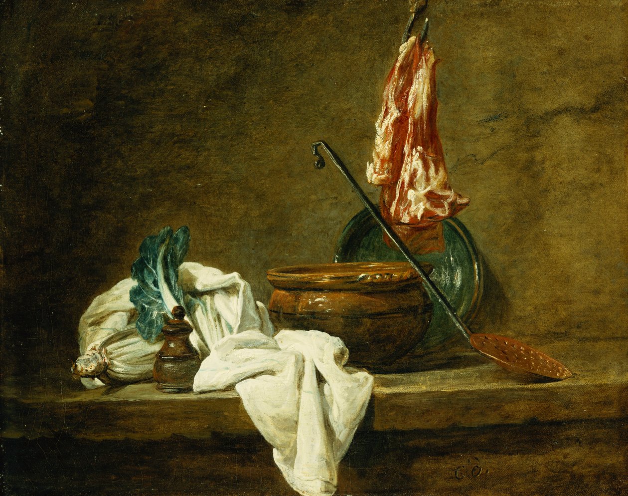 Cékla, fűszeres doboz, mosogatórongy, edény, mázas cserépedény, szkimmer, horgonyús hússal, párkányon, 1734 alkotó: Jean Baptiste Simeon Chardin