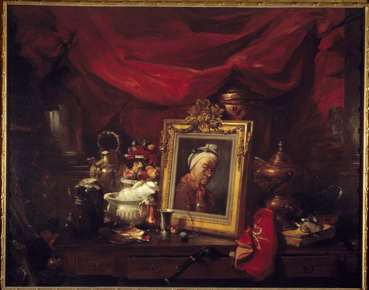 Chardin és modelljei. Táblázat tömbben (abyme). Jean Baptiste Simeon Chardint (1699-1779) ábrázoló festmény csendéleteket vesz körül. Philippe Rousseau (1816-1887) festménye 1867 V. 1,77x2,26 m Párizs, Muse d