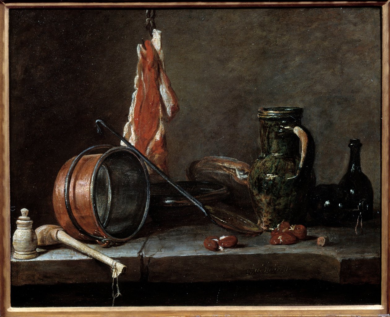 Zsír menü és konyhai eszközök. Csendélet. Jean Baptiste Simeon Chardin (1699-1779) festménye alkotó: Jean Baptiste Simeon Chardin