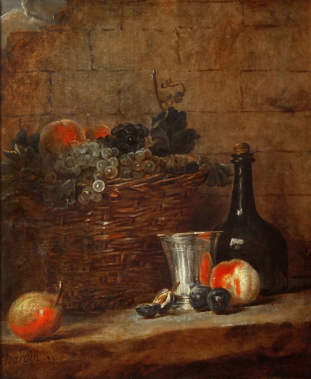 Gyümölcskosár szőlővel, ezüst serleggel és üveggel, őszibarackkal, szilvával és körtével alkotó: Jean Baptiste Simeon Chardin