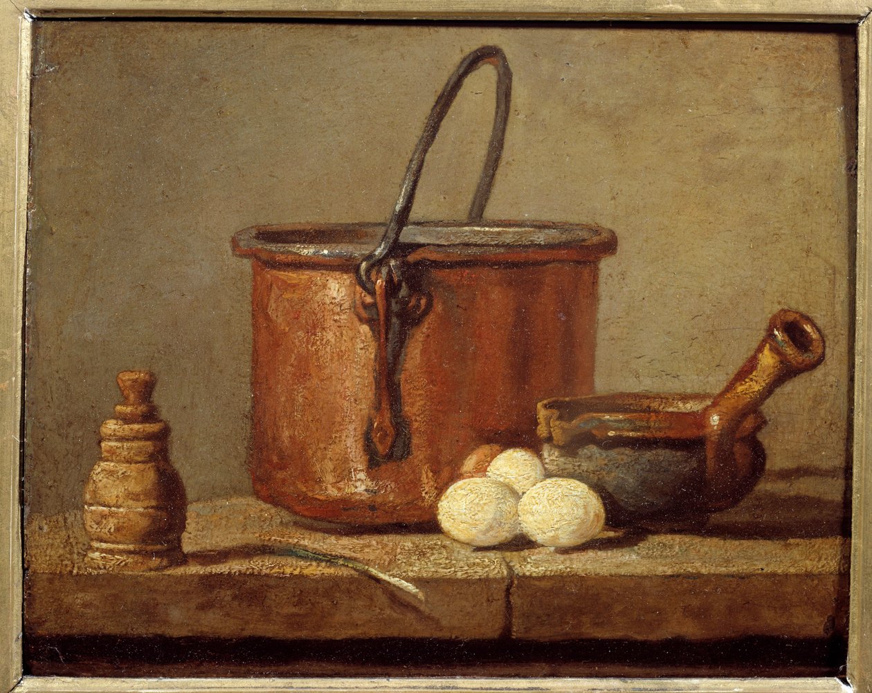 Konyhai eszközök, bogrács, poelon és tojás Jean baptiste Simeon Chardin (1699-1779) festménye 18. század V. 0,21 x 0,17 m alkotó: Jean Baptiste Simeon Chardin