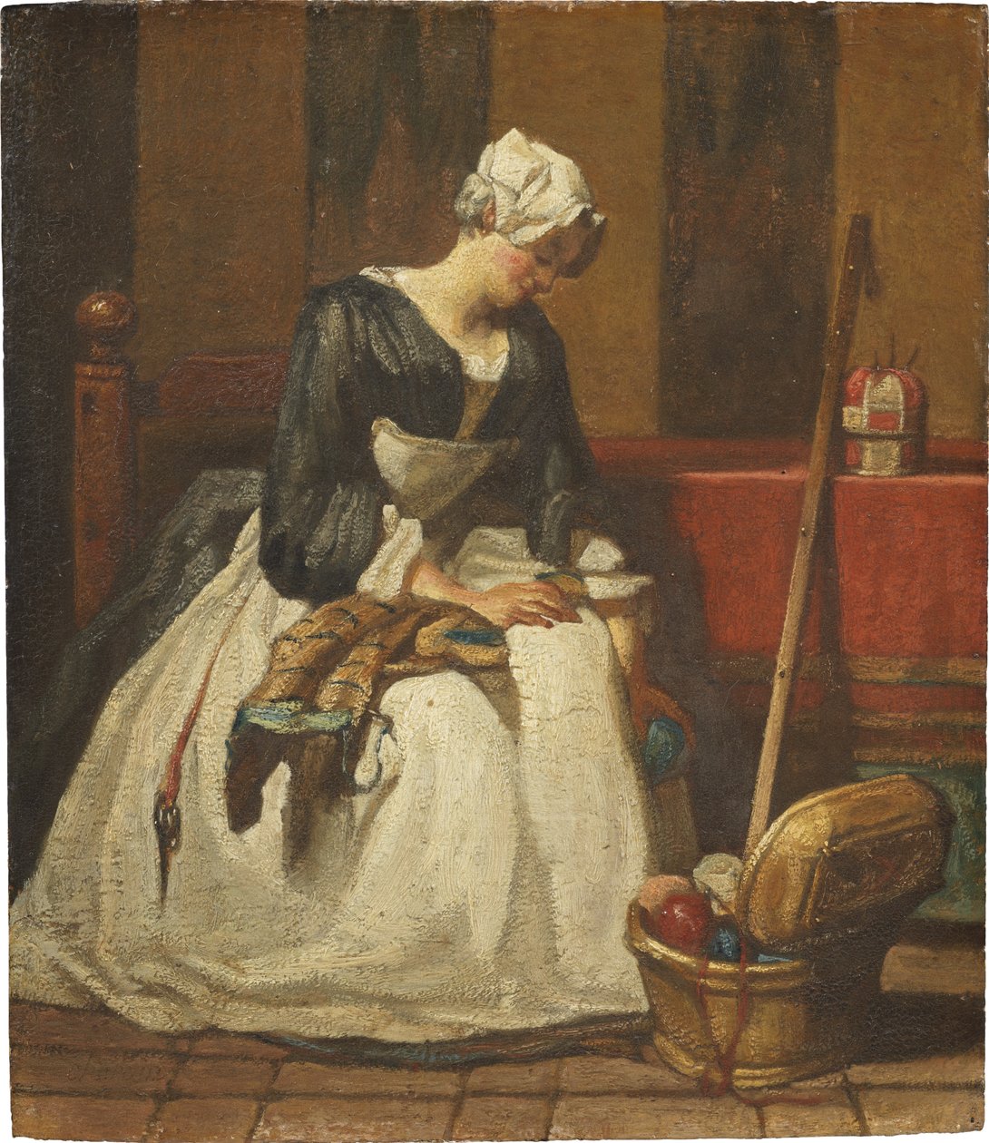 La brodeuse – A hímzőnő, Chardin, Jean Baptiste Simeon (1699-1779). Olaj, fa. Mérete: 19x16,5 cm. Nemzeti Múzeum Stockholm alkotó: Jean Baptiste Simeon Chardin